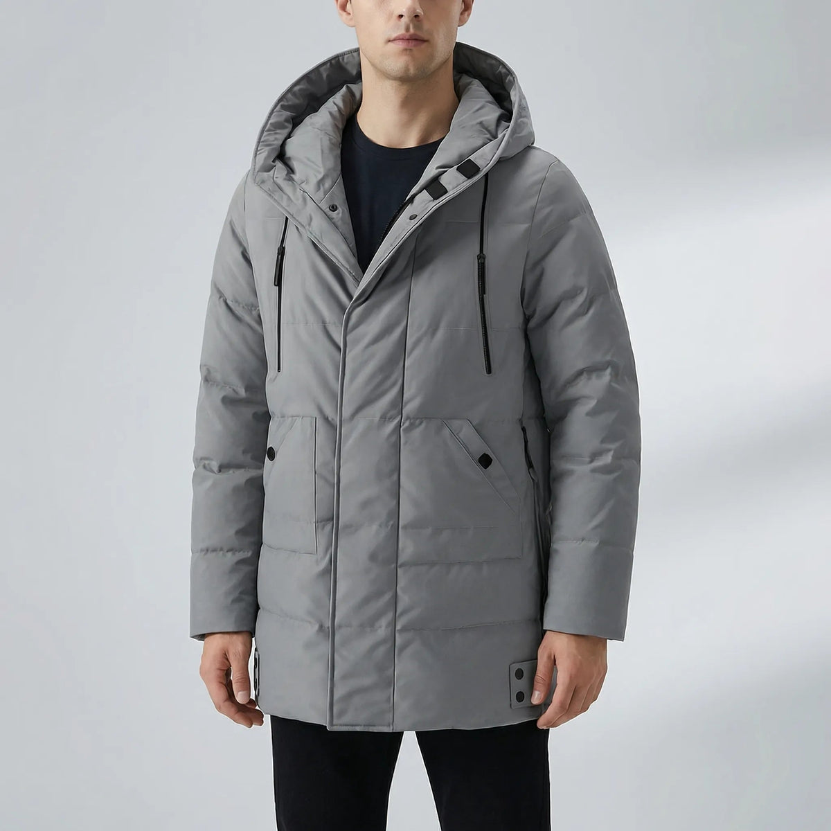 Cozy Puffer Jacket for Men with Hooded Collar Long Sleeve Zip Up Quilted Mid Length Style