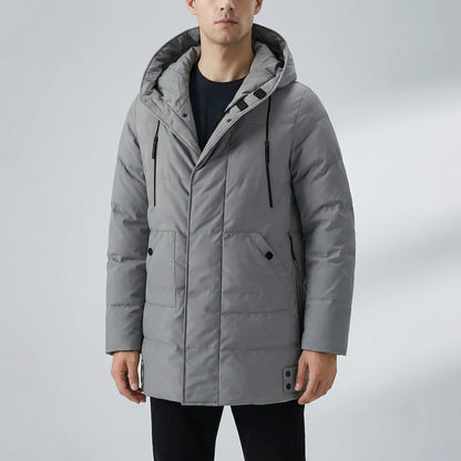 Cozy Puffer Jacket for Men with Hooded Collar Long Sleeve Zip Up Quilted Mid Length Style