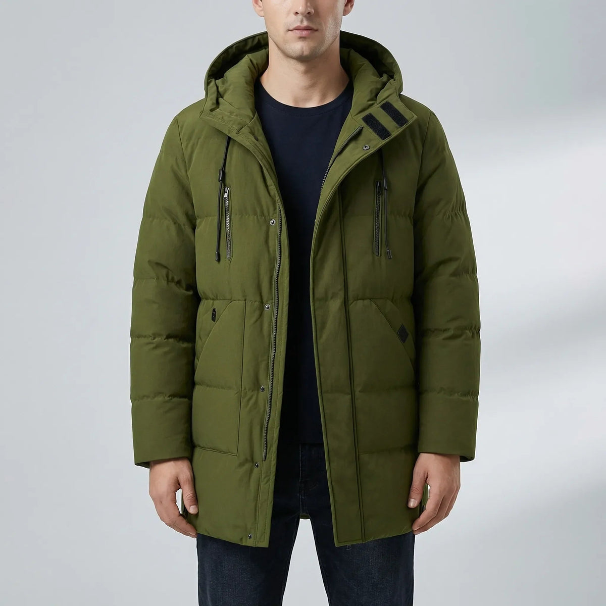 Cozy Puffer Jacket for Men with Hooded Collar Long Sleeve Zip Up Quilted Mid Length Style
