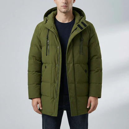 Cozy Puffer Jacket for Men with Hooded Collar Long Sleeve Zip Up Quilted Mid Length Style