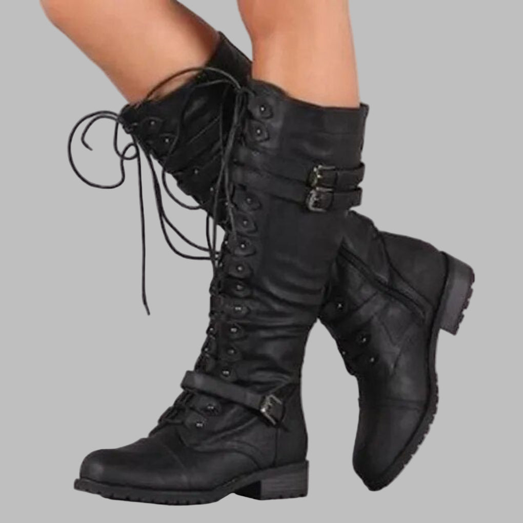 Stylish Combat Boots for Women with Lace Up Buckle Strap Knee High Lug Sole Style