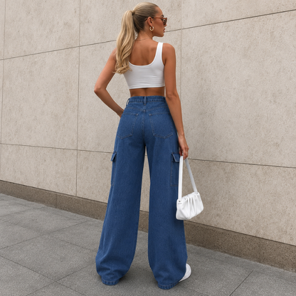 Effortless Blue Cargo Jeans for Women with High Waist Wide Leg Pocket Detail Relaxed Style