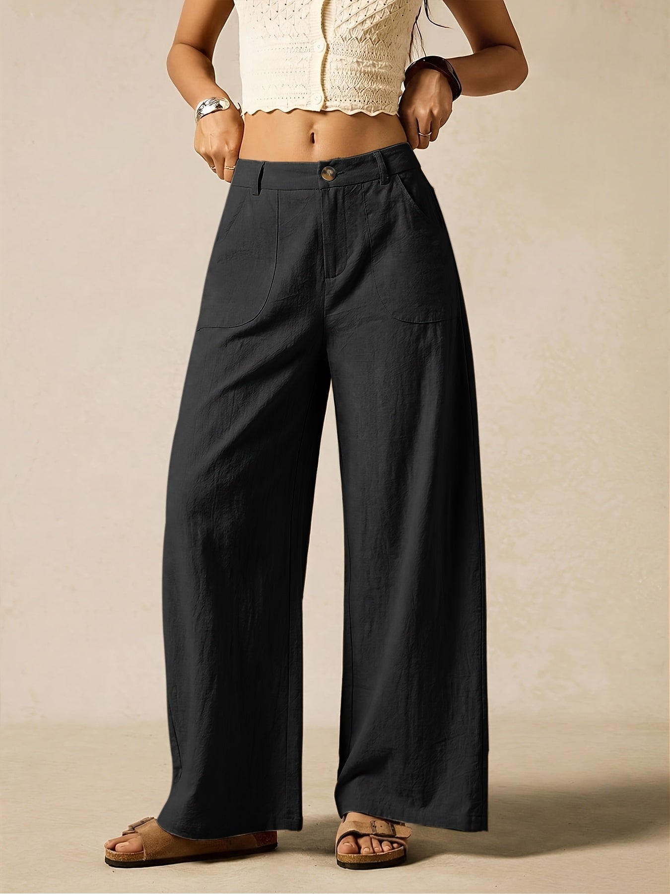 Effortless Linen Wide Leg Trousers for Women with High Waist Button Front Relaxed Casual Style
