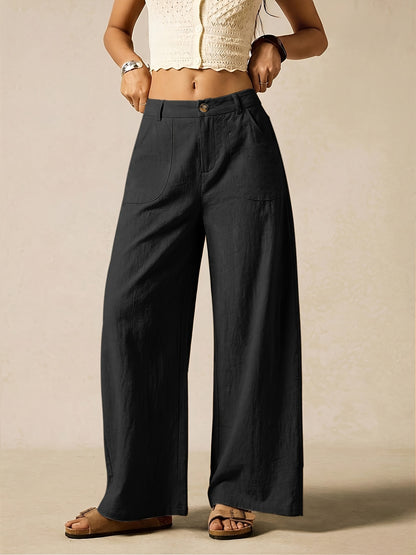 Effortless Linen Wide Leg Trousers for Women with High Waist Button Front Relaxed Casual Style