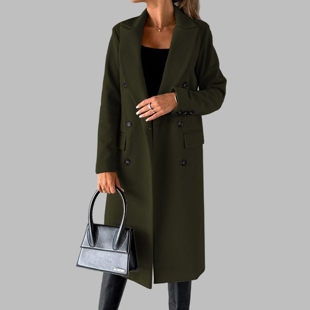 Elegant Wool Coat for Women with Peak Lapel Long Sleeve Double Breasted Longline Winter Style