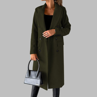 Elegant Wool Coat for Women with Peak Lapel Long Sleeve Double Breasted Longline Winter Style