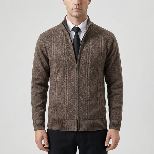 Cozy Cable Knit Cardigan for Men with Stand Collar Long Sleeve Full Zip Textured Business Style