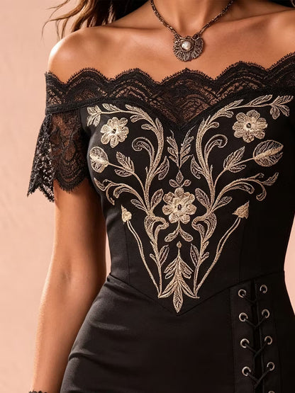 Elegant Black Dress for Women with Gold Embroidery Lace Panel Asymmetrical Hem