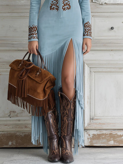 Effortless Embroidered Maxi Dress for Women with Western Fringe Detail