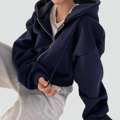 Comfortable Fleece Zip Up Hoodie for Women with Drawstring Hood Long Sleeve Cropped Oversized Casual Style