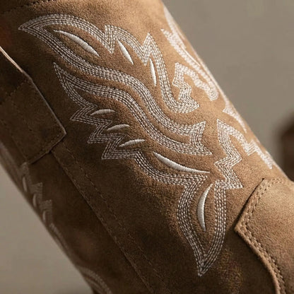 Women's Embroidered Western Cowgirl Boots Mid-Calf Pointed Toe Stacked Heel Pull-On Cowboy