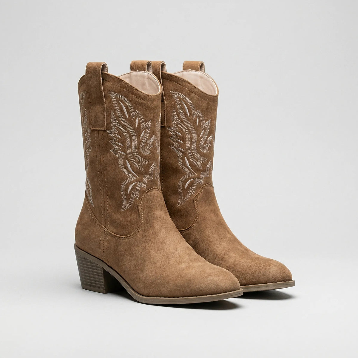 Women's Embroidered Western Cowgirl Boots Mid-Calf Pointed Toe Stacked Heel Pull-On Cowboy