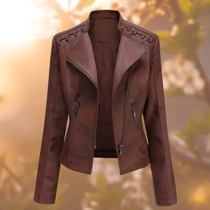 Elegant Faux Leather Moto Jacket for Women with Stand Collar Long Sleeve Zip Front Fitted Style