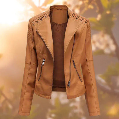 Elegant Faux Leather Moto Jacket for Women with Stand Collar Long Sleeve Zip Front Fitted Style