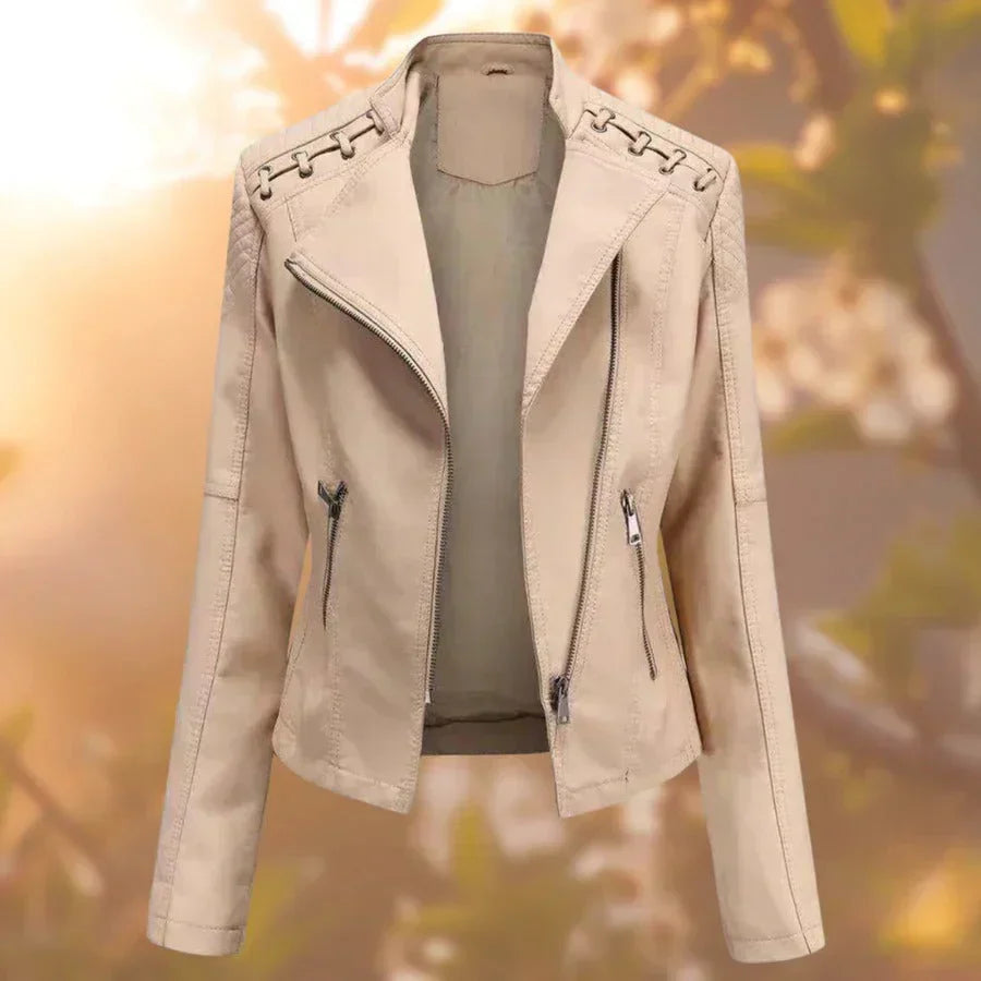 Elegant Faux Leather Moto Jacket for Women with Stand Collar Long Sleeve Zip Front Fitted Style
