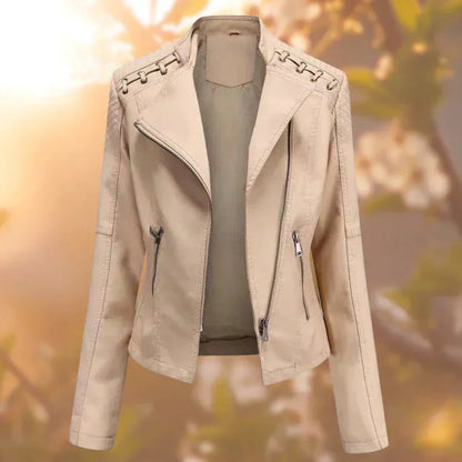 Elegant Faux Leather Moto Jacket for Women with Stand Collar Long Sleeve Zip Front Fitted Style