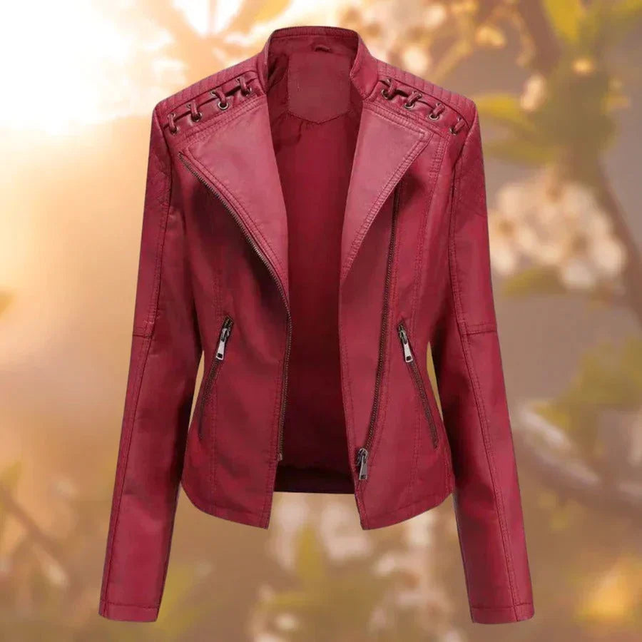Elegant Faux Leather Moto Jacket for Women with Stand Collar Long Sleeve Zip Front Fitted Style