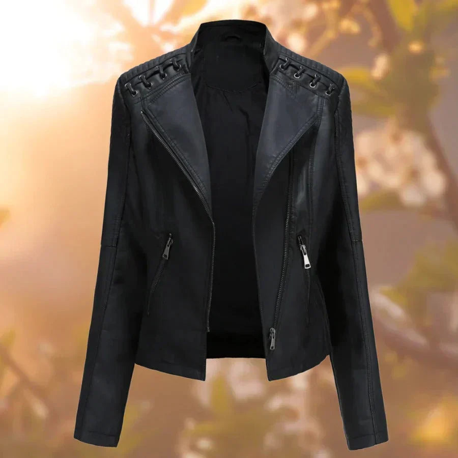 Elegant Faux Leather Moto Jacket for Women with Stand Collar Long Sleeve Zip Front Fitted Style
