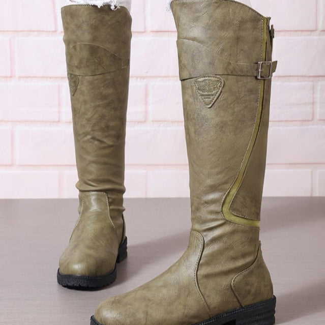 Elegant Brown Leather Waterproof Boots for Women with Knee High Buckle Riding Style