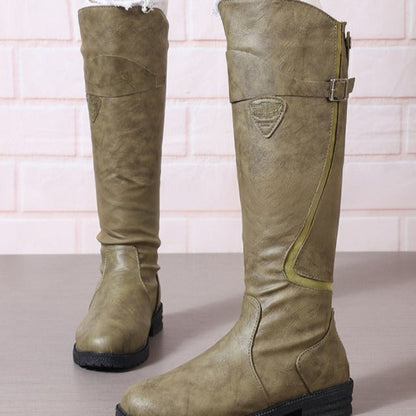 Elegant Brown Leather Waterproof Boots for Women with Knee High Buckle Riding Style
