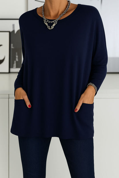 Effortless Black Tunic Top for Women with Round Neck Long Sleeve Oversized Pocket Casual Style