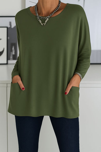 Effortless Black Tunic Top for Women with Round Neck Long Sleeve Oversized Pocket Casual Style