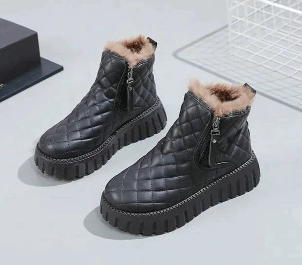 Cozy Quilted Women's Snow Boots with Plush Fur Trim Platform Ankle Style