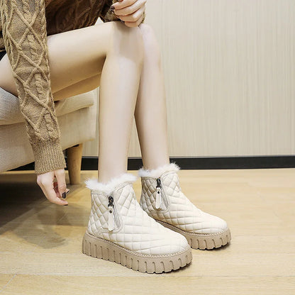 Cozy Quilted Women's Snow Boots with Plush Fur Trim Platform Ankle Style