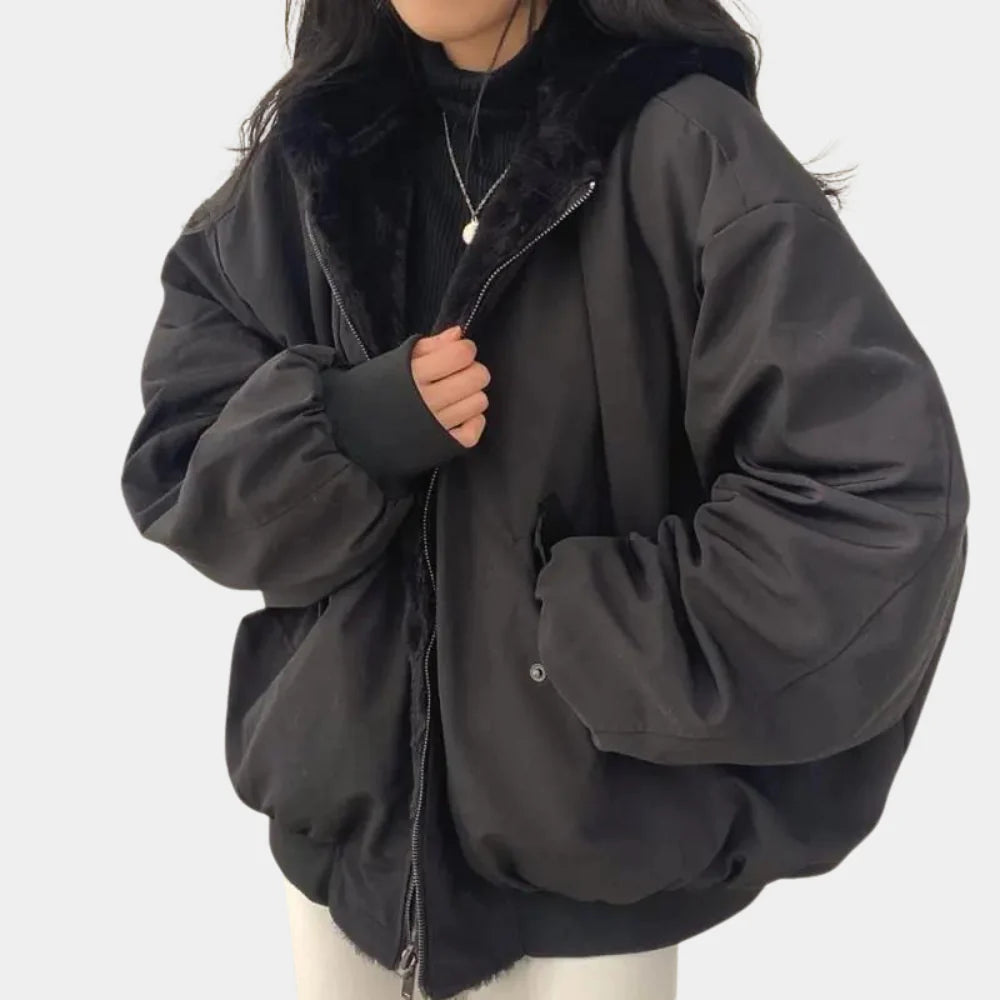 Cozy Bomber Jacket for Women with Hooded Collar Long Sleeve Zip Up Faux Fur Lined Oversized Style
