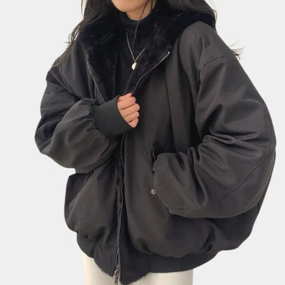 Cozy Bomber Jacket for Women with Hooded Collar Long Sleeve Zip Up Faux Fur Lined Oversized Style