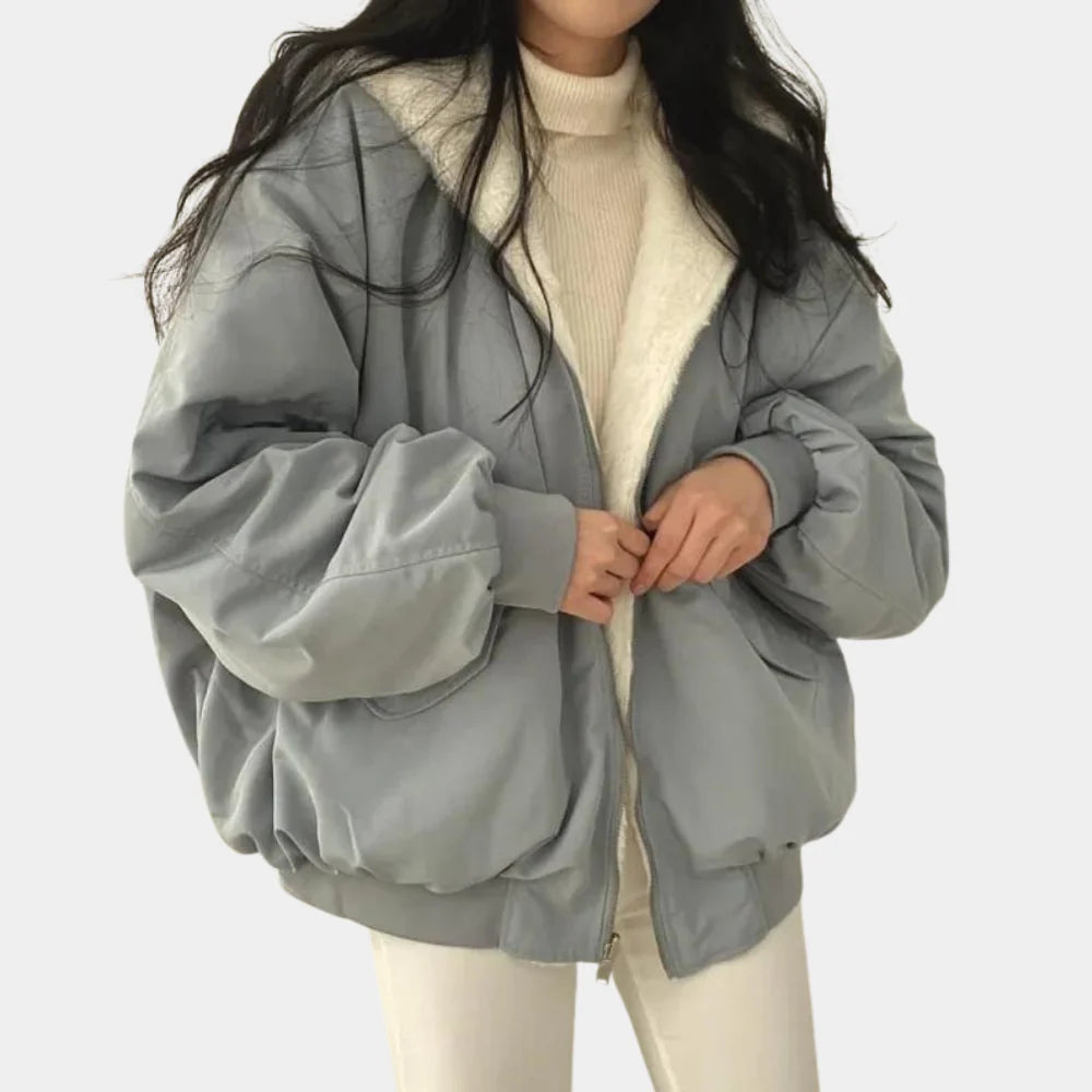 Cozy Bomber Jacket for Women with Hooded Collar Long Sleeve Zip Up Faux Fur Lined Oversized Style