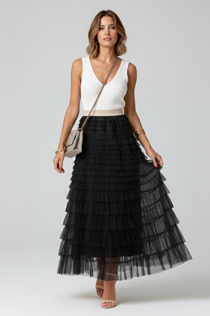 Elegant Tulle Maxi Skirt for Women with High Waist Tiered Ruffle Flowing Style