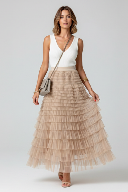 Elegant Tulle Maxi Skirt for Women with High Waist Tiered Ruffle Flowing Style