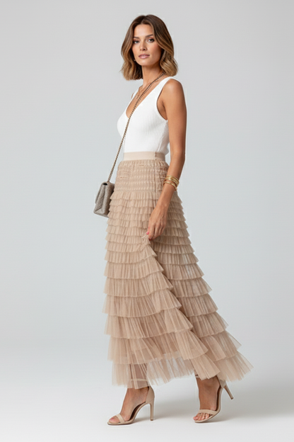 Elegant Tulle Maxi Skirt for Women with High Waist Tiered Ruffle Flowing Style