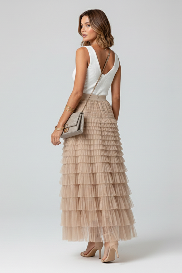 Elegant Tulle Maxi Skirt for Women with High Waist Tiered Ruffle Flowing Style