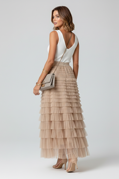 Elegant Tulle Maxi Skirt for Women with High Waist Tiered Ruffle Flowing Style