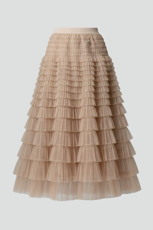 Elegant Tulle Maxi Skirt for Women with High Waist Tiered Ruffle Flowing Style