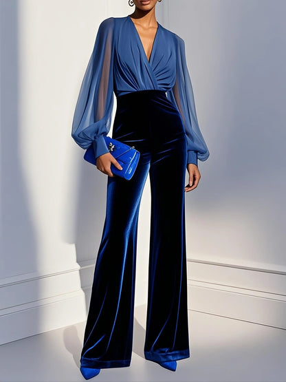Elegant Blue Velvet Jumpsuit for Women with Mesh V-Neck Long Sleeve