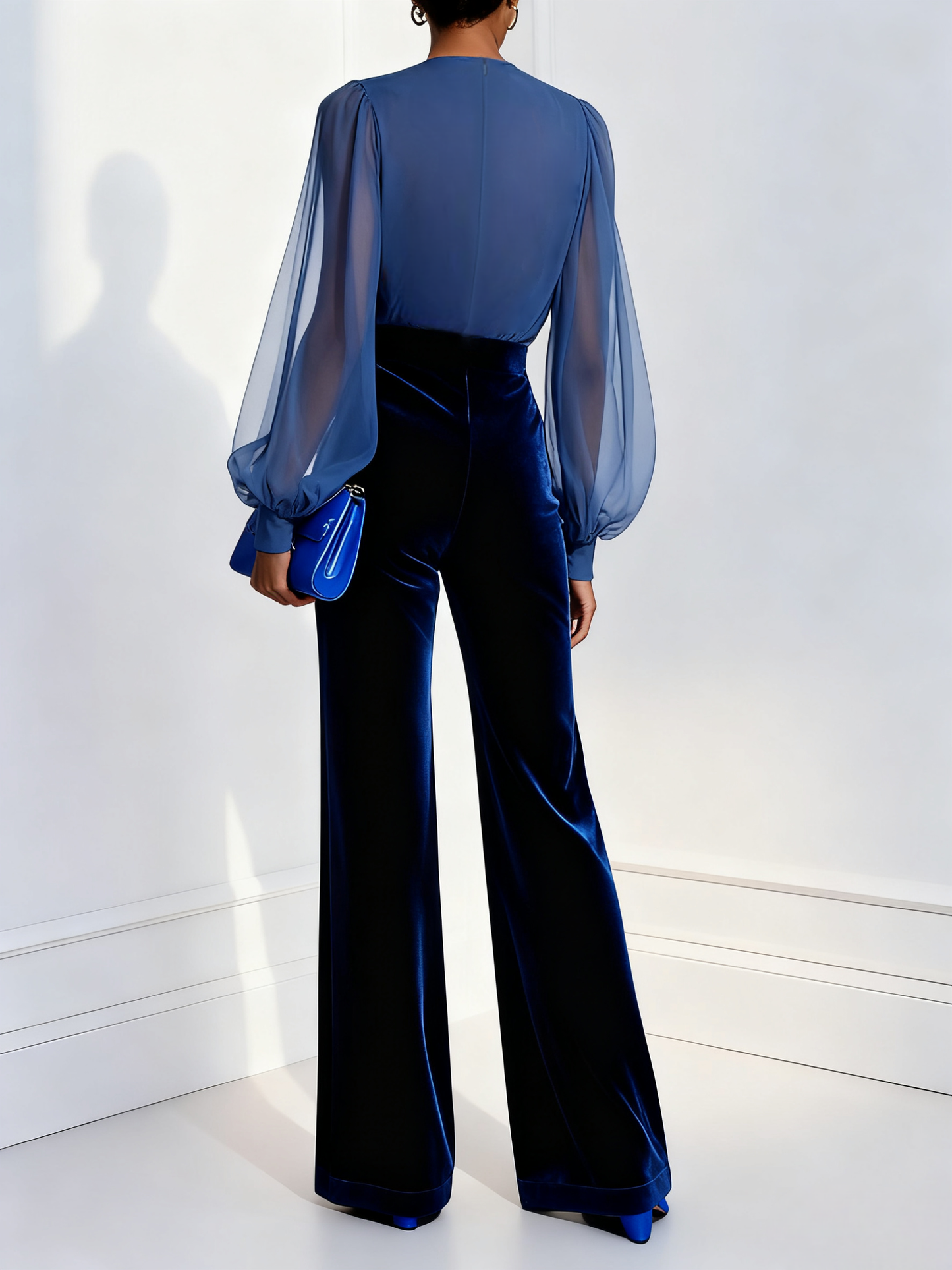 Elegant Blue Velvet Jumpsuit for Women with Mesh V-Neck Long Sleeve