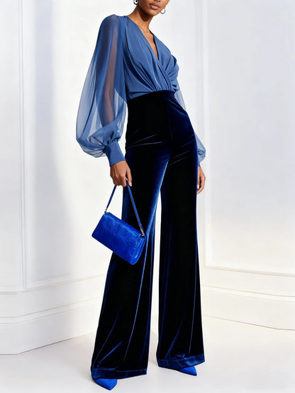 Elegant Blue Velvet Jumpsuit for Women with Mesh V-Neck Long Sleeve