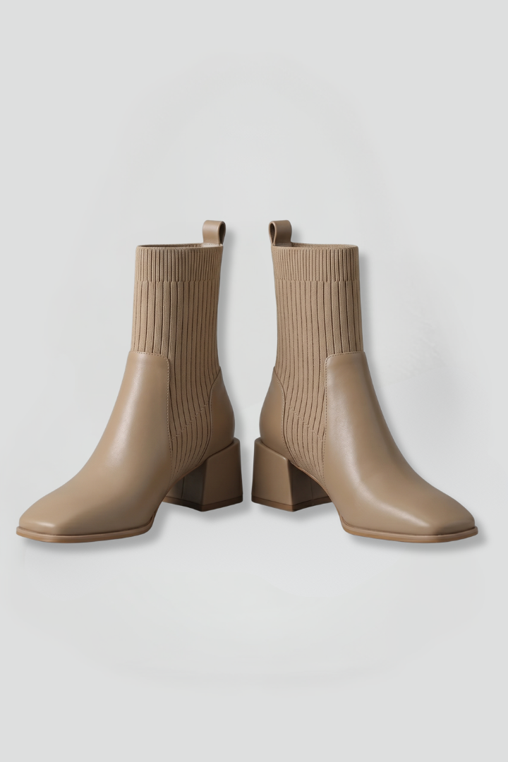 Chic Taupe Ankle Boots for Women with Knit Shaft Block Heel Round Toe Sock Fall Style