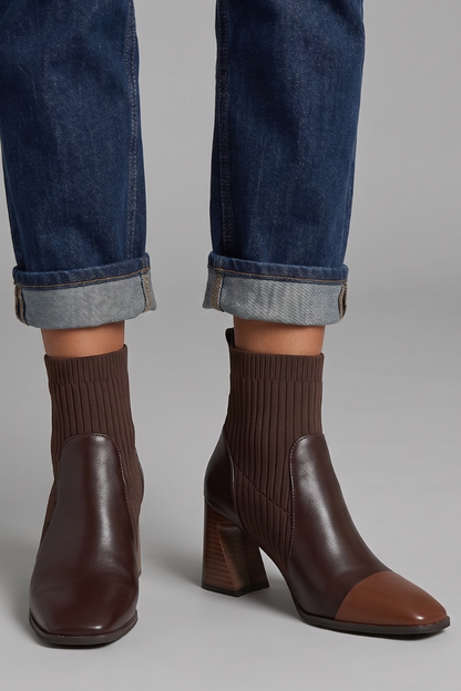 Chic Taupe Ankle Boots for Women with Knit Shaft Block Heel Round Toe Sock Fall Style