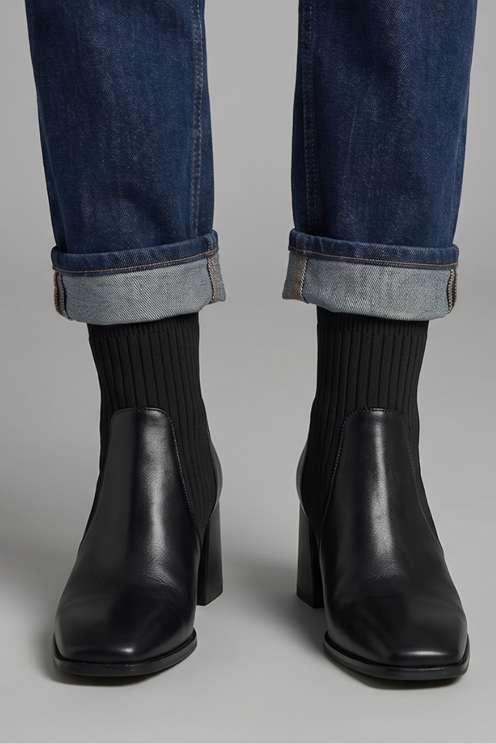 Chic Taupe Ankle Boots for Women with Knit Shaft Block Heel Round Toe Sock Fall Style