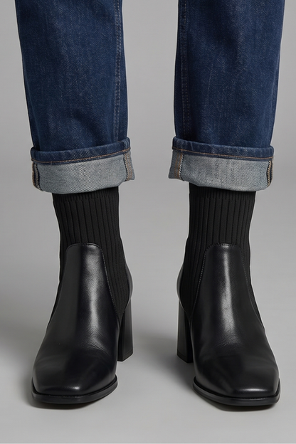 Chic Taupe Ankle Boots for Women with Knit Shaft Block Heel Round Toe Sock Fall Style