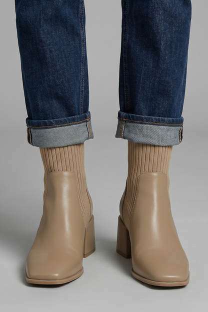 Chic Taupe Ankle Boots for Women with Knit Shaft Block Heel Round Toe Sock Fall Style