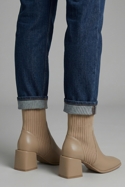 Chic Taupe Ankle Boots for Women with Knit Shaft Block Heel Round Toe Sock Fall Style