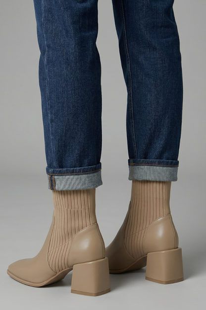 Chic Taupe Ankle Boots for Women with Knit Shaft Block Heel Round Toe Sock Fall Style