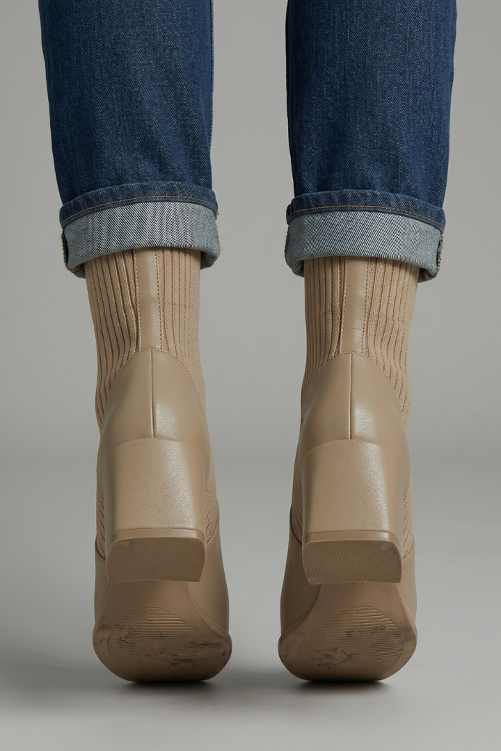 Chic Taupe Ankle Boots for Women with Knit Shaft Block Heel Round Toe Sock Fall Style