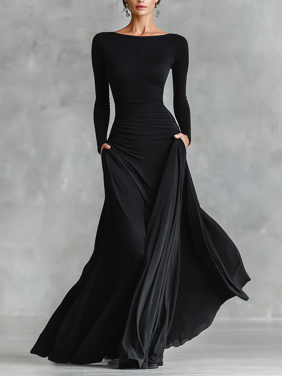Elegant Black Maxi Dress for Women with Boat Neck Long Sleeve Pleated Formal Style