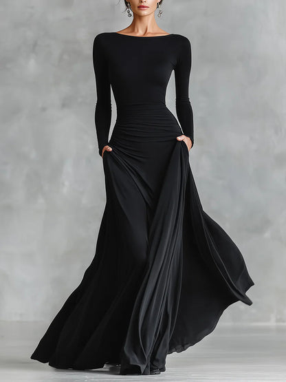 Elegant Black Maxi Dress for Women with Boat Neck Long Sleeve Pleated Formal Style